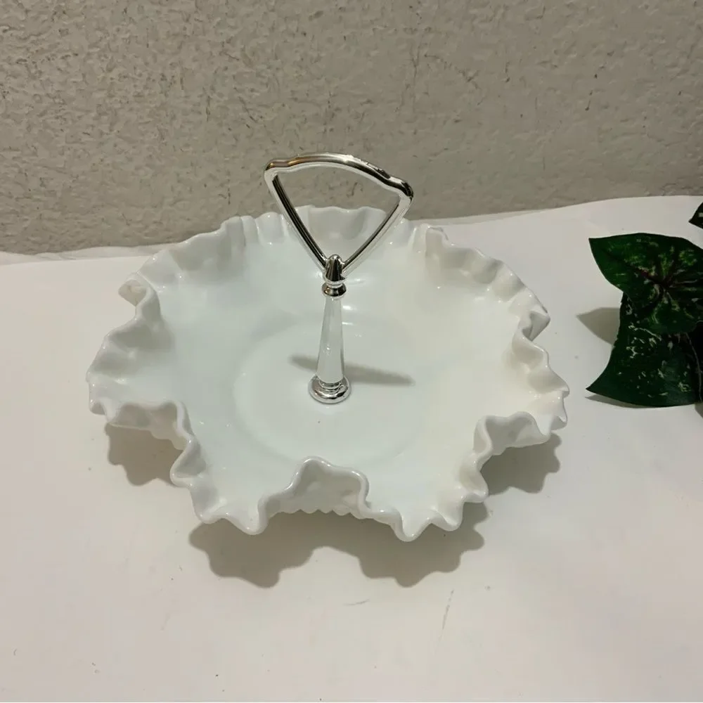 Fenton Vintage White Hobnail Ruffled Edge Milk Glass Candy Dish w/Silver Handle